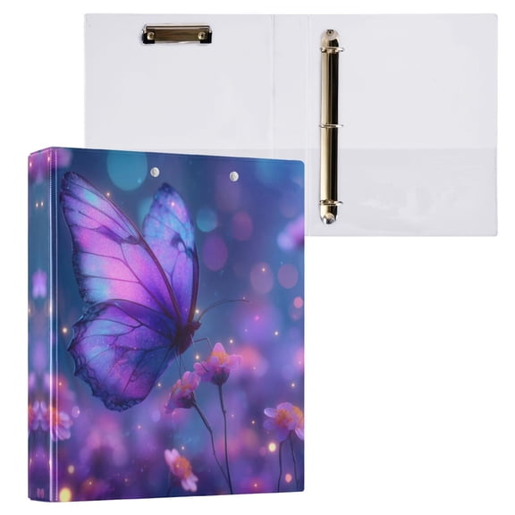 3 Ring Binder with Flattened Metal Clip 1.5" Round Rings Binder Organizer Butterfly with Glowing Wings