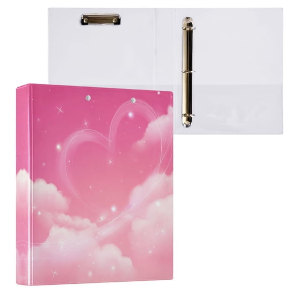 3 Ring Binder with Flattened Metal Clip 1.5" Round Rings Binder Organizer Clouds and Pink Heart Shape