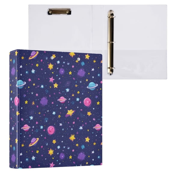 3 Ring Binder with Flattened Metal Clip 1.5" Round Rings Binder Organizer Colorful Stars and Planets Pattern