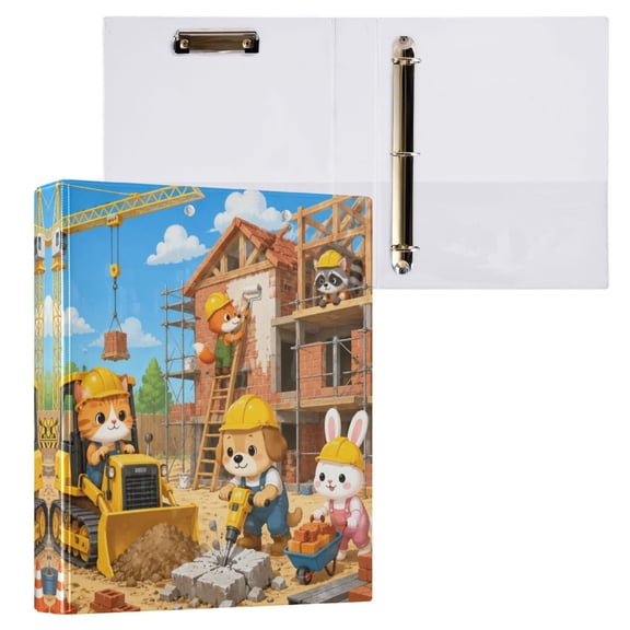 3 Ring Binder with Flattened Metal Clip 1.5" Round Rings Binder Organizer Cute Animal Construction Site Scene