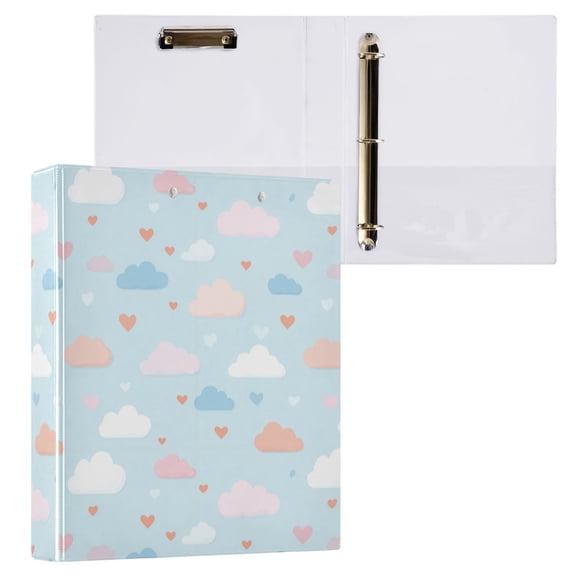 3 Ring Binder with Flattened Metal Clip 1.5" Round Rings Binder Organizer Cute Clouds and Hearts Pattern