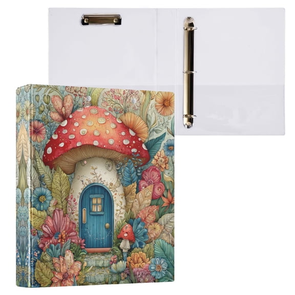 3 Ring Binder with Flattened Metal Clip 1.5" Round Rings Binder Organizer Cute Mushroom House
