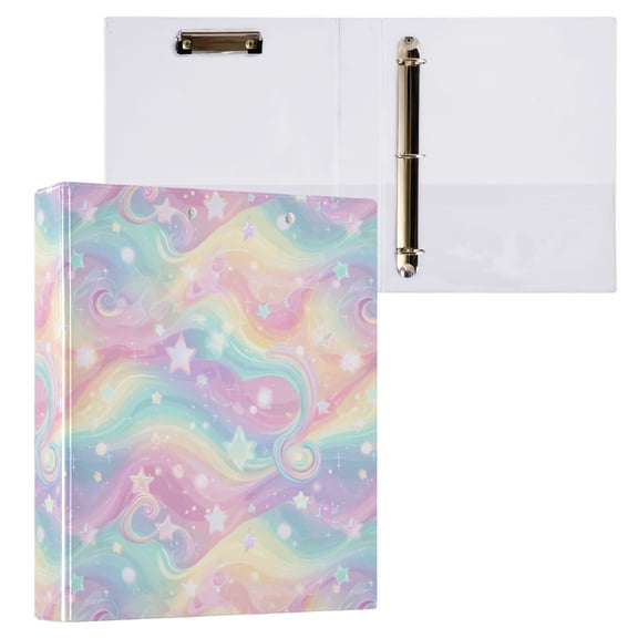 3 Ring Binder with Flattened Metal Clip 1.5" Round Rings Binder Organizer Cute Pastel Rainbow Background