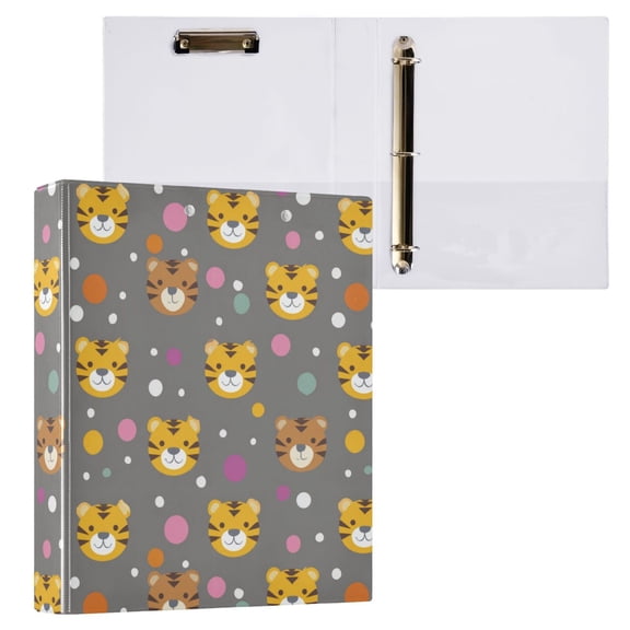 3 Ring Binder with Flattened Metal Clip 1.5" Round Rings Binder Organizer Cute Tiger Face Pattern 2PCS