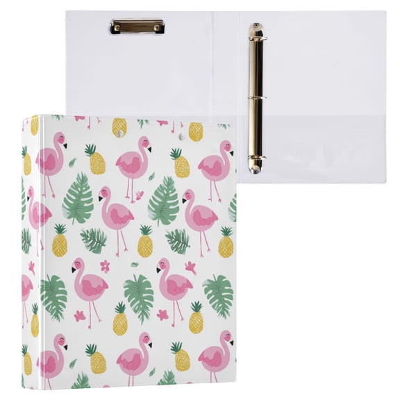 3 Ring Binder with Flattened Metal Clip 1.5" Round Rings Binder Organizer Flamingo and Pineapple Pattern