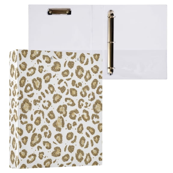 3 Ring Binder with Flattened Metal Clip 1.5" Round Rings Binder Organizer Gold Leopard Print Pattern
