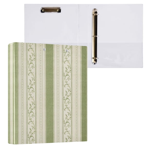 3 Ring Binder with Flattened Metal Clip 1.5" Round Rings Binder Organizer Green Vertical Stripe Pattern
