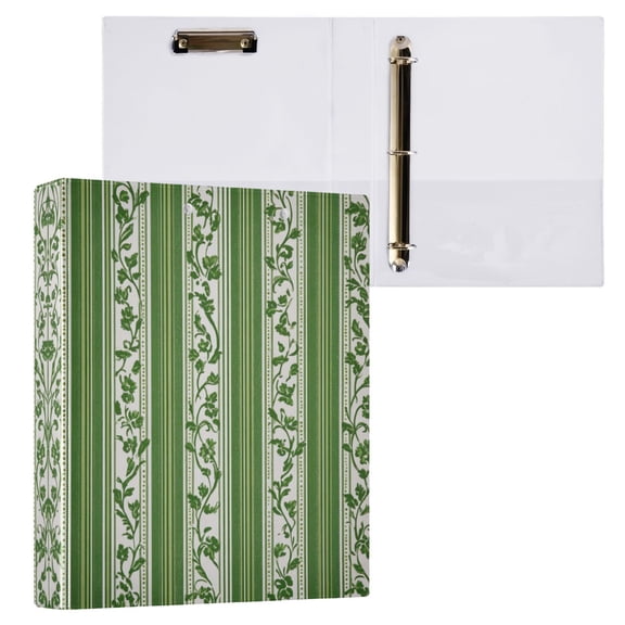 3 Ring Binder with Flattened Metal Clip 1.5" Round Rings Binder Organizer Green Vertical Stripes