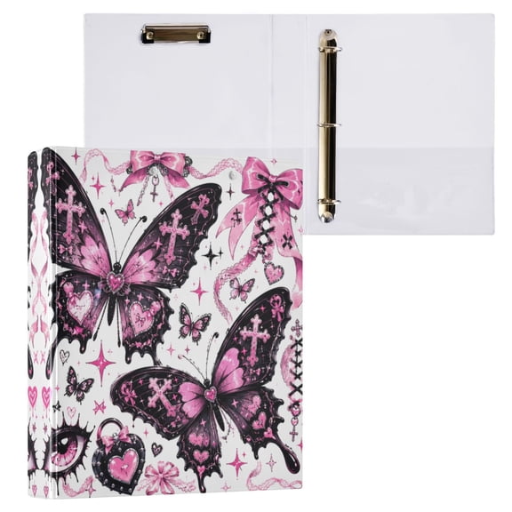 3 Ring Binder with Flattened Metal Clip 1.5" Round Rings Binder Organizer Large Butterfly in Black and Pink Tones