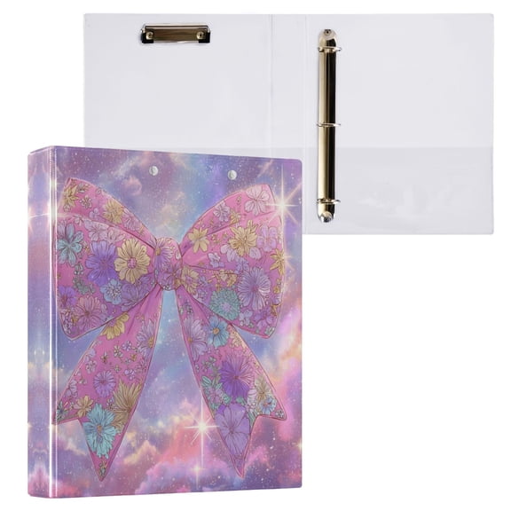 3 Ring Binder with Flattened Metal Clip 1.5" Round Rings Binder Organizer Large Pink Bow Pattern