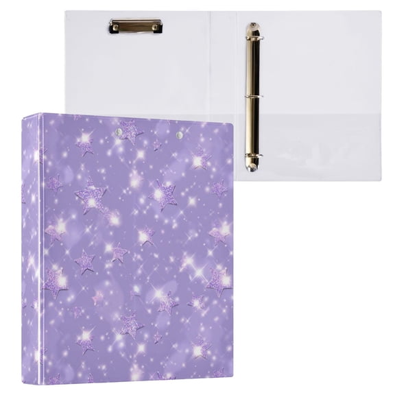 3 Ring Binder with Flattened Metal Clip 1.5" Round Rings Binder Organizer Lavender Glitter Stars Pattern 2PCS