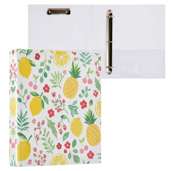 3 Ring Binder with Flattened Metal Clip 1.5" Round Rings Binder Organizer Lemon and Pineapple Patterns