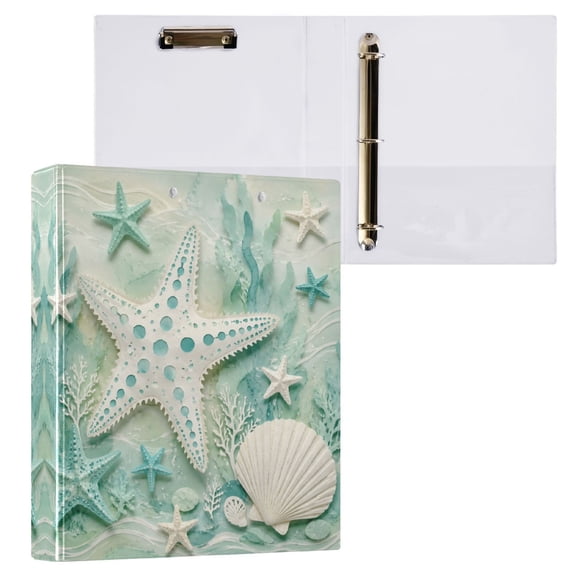 3 Ring Binder with Flattened Metal Clip 1.5" Round Rings Binder Organizer Mint Green Starfish
