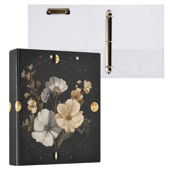 3 Ring Binder with Flattened Metal Clip 1.5" Round Rings Binder Organizer Moon Phases with Flowers and Stars