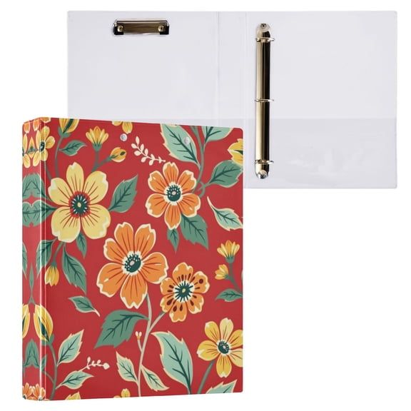 3 Ring Binder with Flattened Metal Clip 1.5" Round Rings Binder Organizer Orange Floral Pattern Decoration