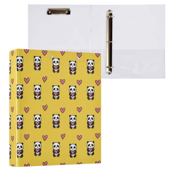 3 Ring Binder with Flattened Metal Clip 1.5" Round Rings Binder Organizer Panda Cartoon with Heart Pattern 2PCS