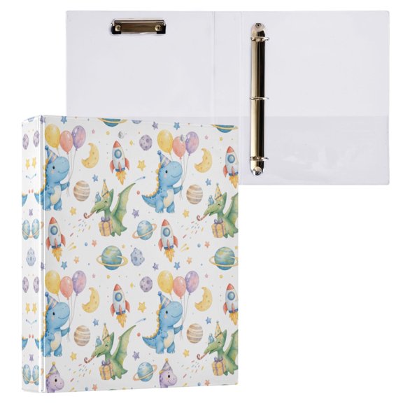 3 Ring Binder with Flattened Metal Clip 1.5" Round Rings Binder Organizer Party Dinosaur Scene Pattern