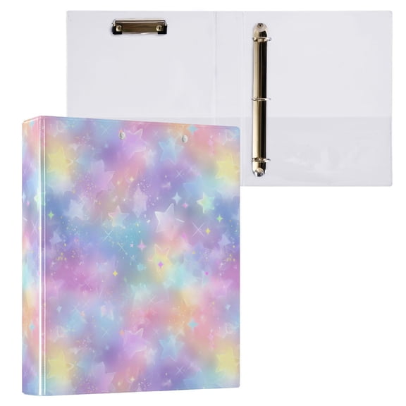 3 Ring Binder with Flattened Metal Clip 1.5" Round Rings Binder Organizer Pastel Colors Stars Pattern