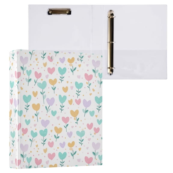 3 Ring Binder with Flattened Metal Clip 1.5" Round Rings Binder Organizer Pastel Spring Hearts Pattern