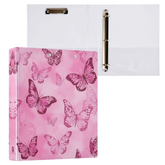 3 Ring Binder with Flattened Metal Clip 1.5" Round Rings Binder Organizer Pink Butterfly Pattern
