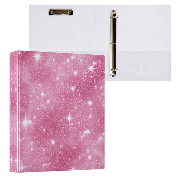 3 Ring Binder with Flattened Metal Clip 1.5" Round Rings Binder Organizer Pink Glitter Background