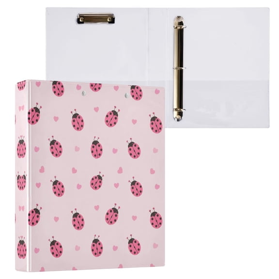 3 Ring Binder with Flattened Metal Clip 1.5" Round Rings Binder Organizer Pink Ladybug Pattern
