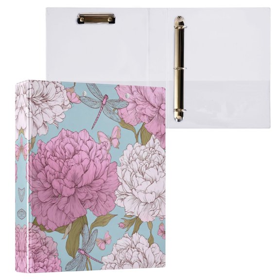 3 Ring Binder with Flattened Metal Clip 1.5" Round Rings Binder Organizer Pink Peony Pattern