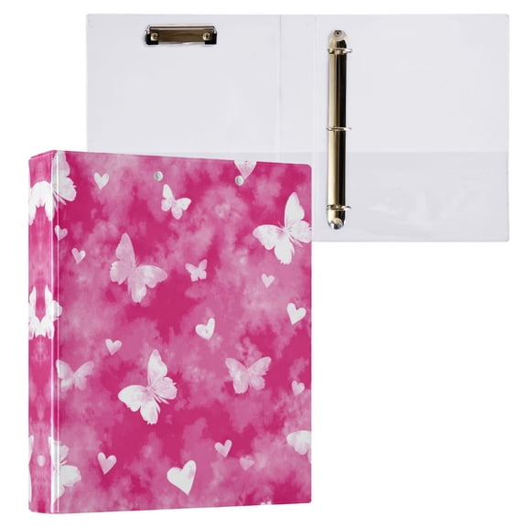 3 Ring Binder with Flattened Metal Clip 1.5" Round Rings Binder Organizer Pink Tie-dye with Butterflies