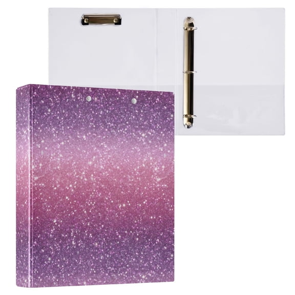 3 Ring Binder with Flattened Metal Clip 1.5" Round Rings Binder Organizer Pink and Purple Glitter Pattern