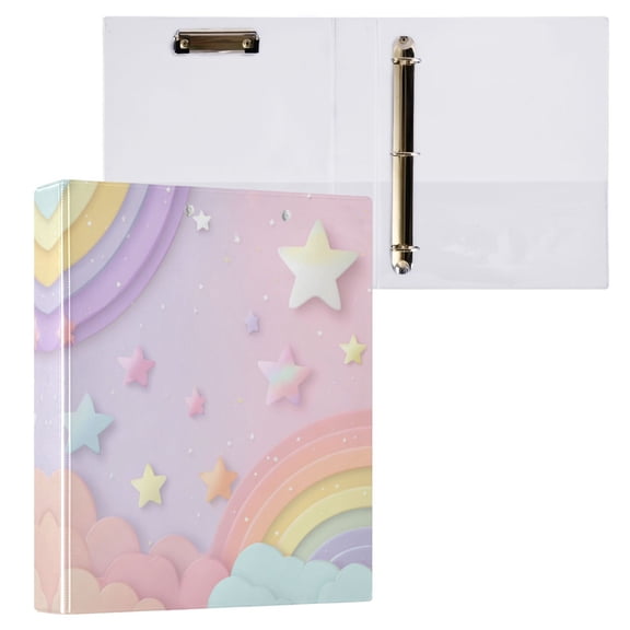 3 Ring Binder with Flattened Metal Clip 1.5" Round Rings Binder Organizer Rainbow Stars and Cloud Pattern
