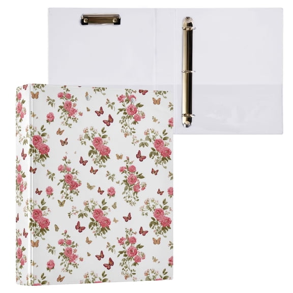 3 Ring Binder with Flattened Metal Clip 1.5" Round Rings Binder Organizer Small Butterfly and Rose Pattern