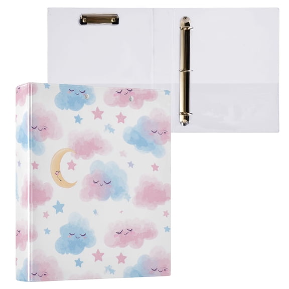 3 Ring Binder with Flattened Metal Clip 1.5" Round Rings Binder Organizer Smiling Moon and Colored Clouds