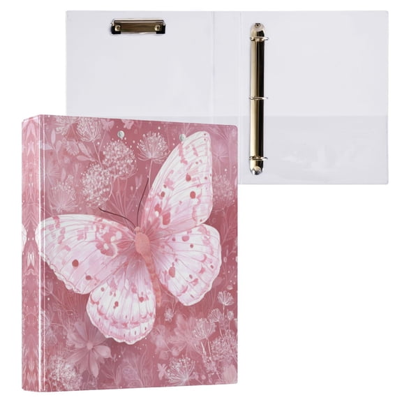 3 Ring Binder with Flattened Metal Clip 1.5" Round Rings Binder Organizer Soft Pink Butterfly