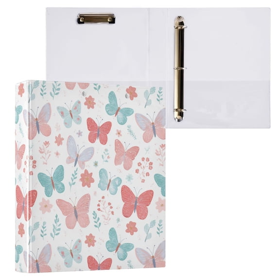 3 Ring Binder with Flattened Metal Clip 1.5" Round Rings Binder Organizer Spring Butterflies and Flowers