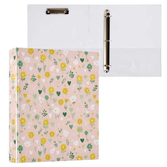 3 Ring Binder with Flattened Metal Clip 1.5" Round Rings Binder Organizer Spring Flowers and Hearts Pattern
