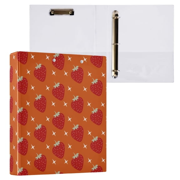 3 Ring Binder with Flattened Metal Clip 1.5" Round Rings Binder Organizer Strawberry and White Stars Pattern 2PCS