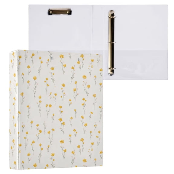 3 Ring Binder with Flattened Metal Clip 1.5" Round Rings Binder Organizer Tiny Yellow Flowers Pattern