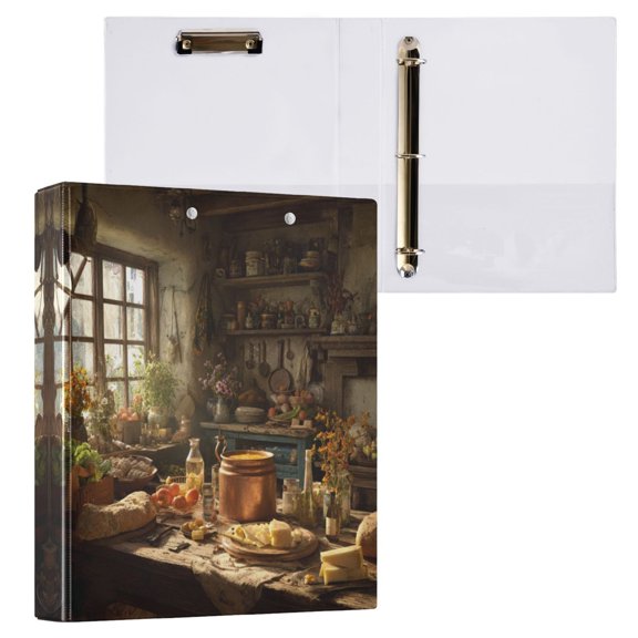 3 Ring Binder with Flattened Metal Clip 1.5" Round Rings Binder Organizer Vintage Kitchen Scene