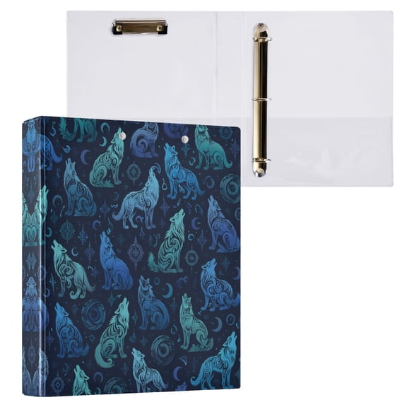 3 Ring Binder with Flattened Metal Clip 1.5" Round Rings Binder Organizer Wolf-like Figure with Swirling Pattern