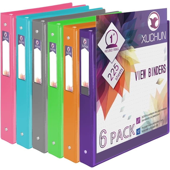 3 Ring Binders 1 Inch,Clear View Binder with 2 Pockets, Holds 225 Sheets 8.5x11 Inches Paper, Customizable Cover & Spine, Large Capacity Binders for Office, School, Home, Business 6 Pack
