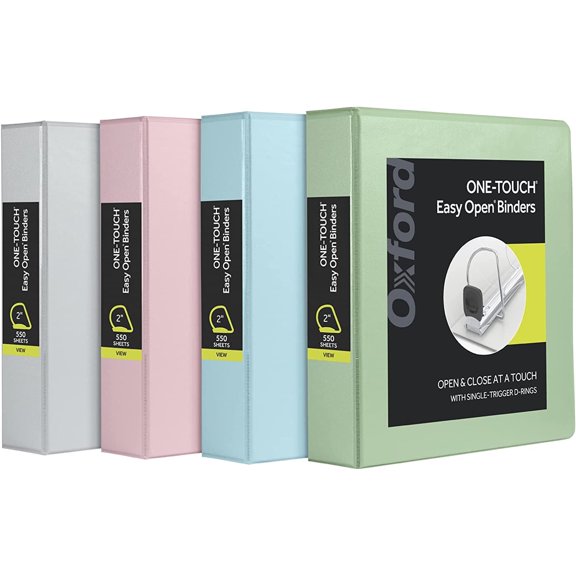 3 Ring Binders, 2 inch ONE-Touch Easy Open D Rings, 3-Sided View Binder Covers, Binders for School, Xtralife Hinge, Non-Stick, PVC-Free, Natural Pastel, 530-Sheet Capacity, 4 Pack (79923)