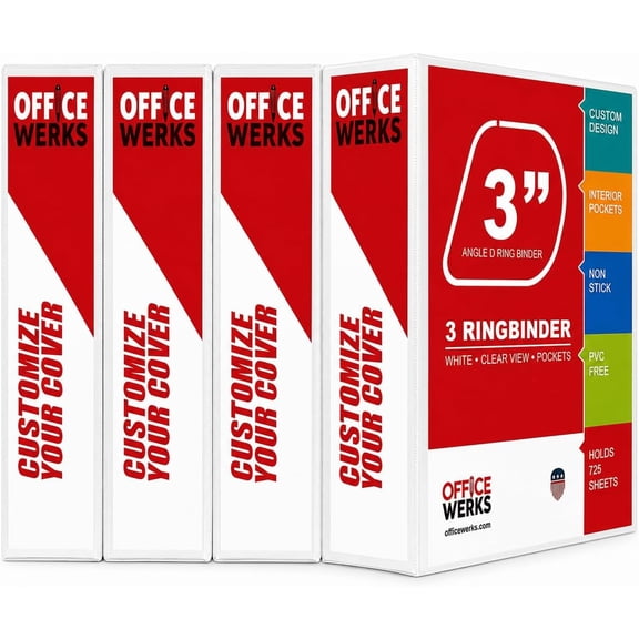 3 Ring Binders, 3 Inch Angle D-Rings, White, 4 Pack, Clear View, Pockets