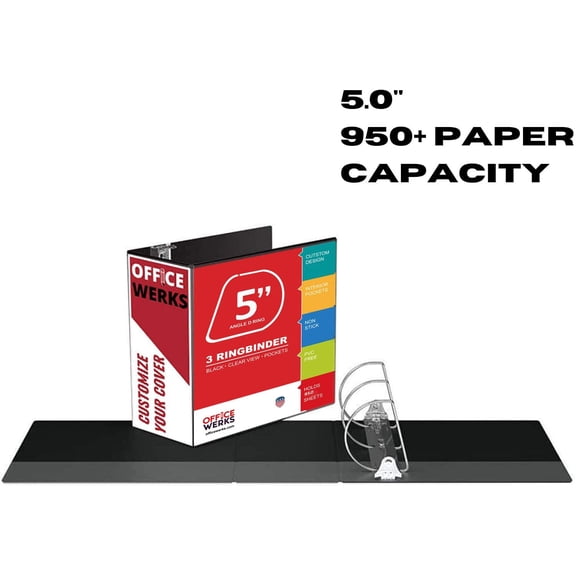 3 Ring Binders, 5" Capacity D-Rings, 8.5" x 11" Presentation Folder with Pockets, Non-Stick Clear Cover for Documents, Files, Projects (Black)