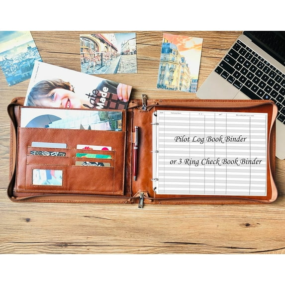 3 Ring Check Binder, Genuine Leather Check Book Portfolio for 3 Ring Binder, or 9 Ring Binder, Pilot Log Book Binder, Leather Journal for 11 1/4"x9" (Custom Logo/Name, Oil Wax Brown)