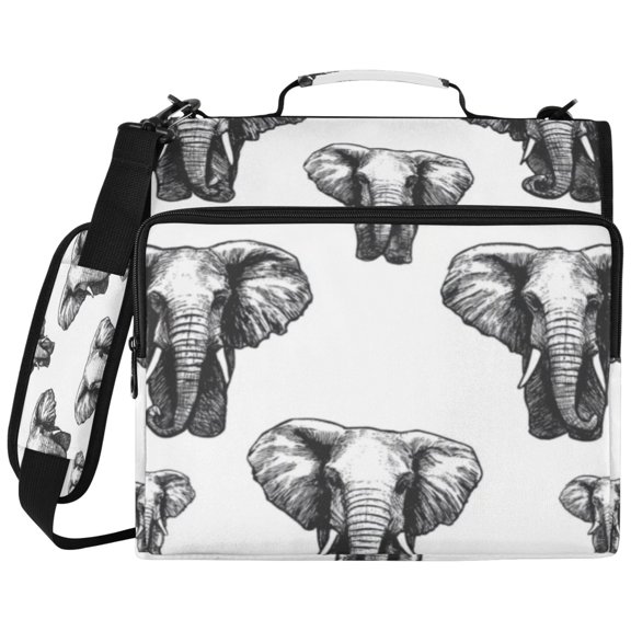 3Ring DRing Binder Bag, Water Resistant Nylon Binder Organizer Portfolio Case, Holds 14Inch Laptop, Large Capacity File Storage Bag for School Office Black Elephant Seamless