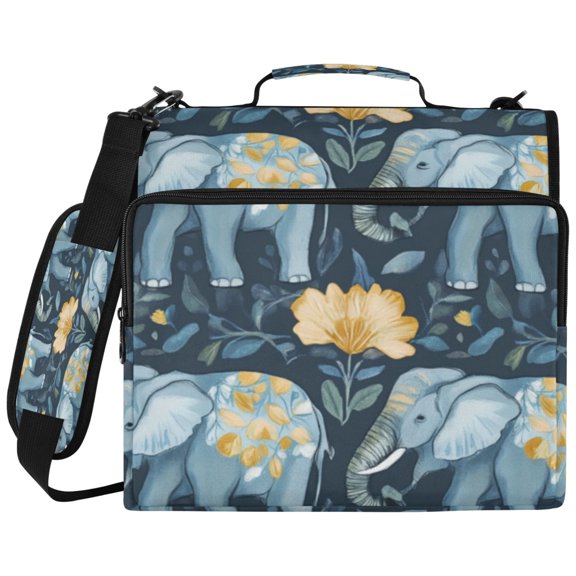 3Ring DRing Binder Bag, Water Resistant Nylon Binder Organizer Portfolio Case, Holds 14Inch Laptop, Large Capacity File Storage Bag for School Office Blue Elephant Seamless
