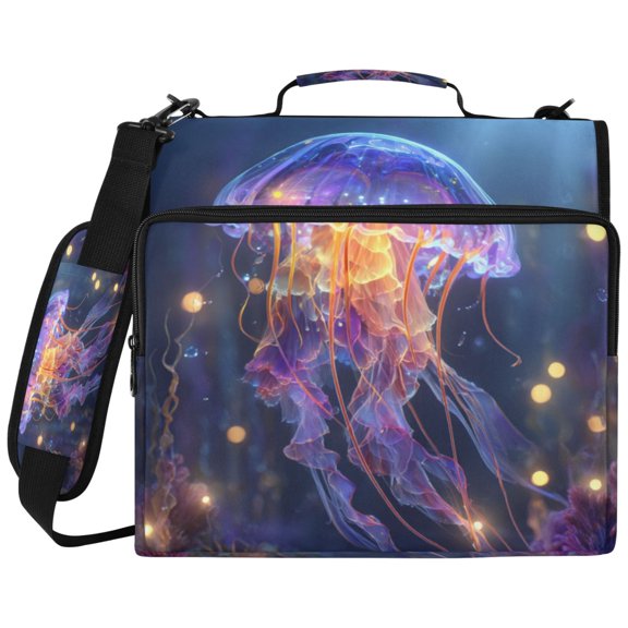 3Ring DRing Binder Bag, Water Resistant Nylon Binder Organizer Portfolio Case, Holds 14Inch Laptop, Large Capacity File Storage Bag for School Office Blue Jellyfish Glow