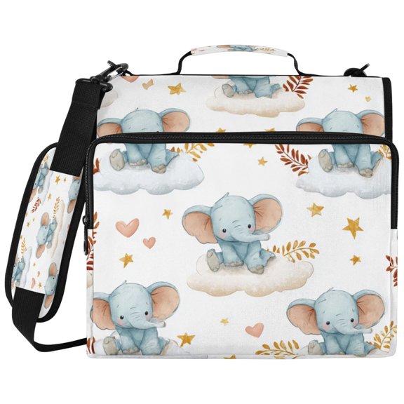 3Ring DRing Binder Bag, Water Resistant Nylon Binder Organizer Portfolio Case, Holds 14Inch Laptop, Large Capacity File Storage Bag for School Office Blue Elephant Pattern Beautiful