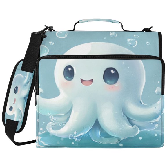 3Ring DRing Binder Bag, Water Resistant Nylon Binder Organizer Portfolio Case, Holds 14Inch Laptop, Large Capacity File Storage Bag for School Office Cartoon Blue Jellyfish