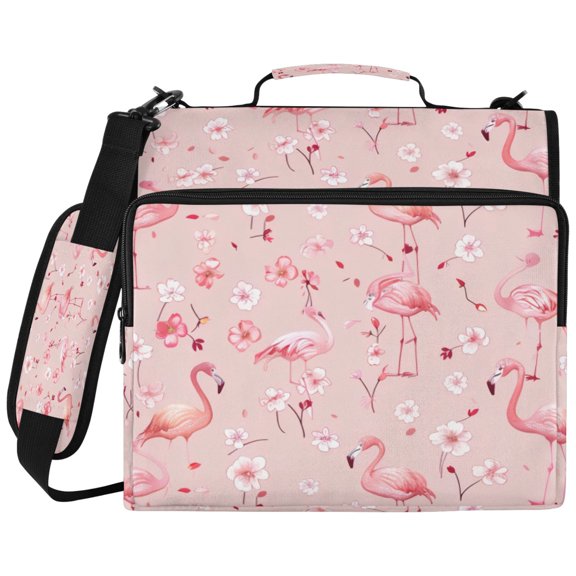 3Ring DRing Binder Bag, Water Resistant Nylon Binder Organizer Portfolio Case, Holds 14Inch Laptop, Large Capacity File Storage Bag for School Office Cartoon Flamingos